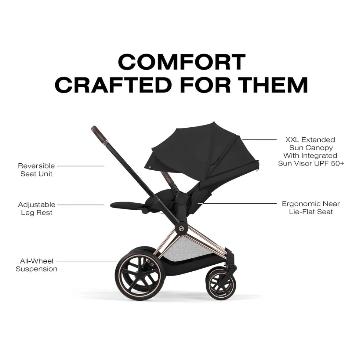 Cybex Priam Stroller (2026) - Rose Gold Frame / Sepia Black Lux Seat - XXL UPF 50+ Canopy